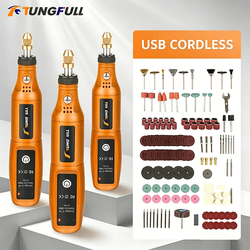Power Tools Icon - TUNGFULL เครื่องเจียรไฟฟ้าขนาดเล็กแบบไร้สาย เครื่องเจาะไฟฟ้าแบบชาร์จได้พร้อมชุดเครื่องมือ ชุดเครื่องมือแกะสลักไม้ ปากกาเจาะ