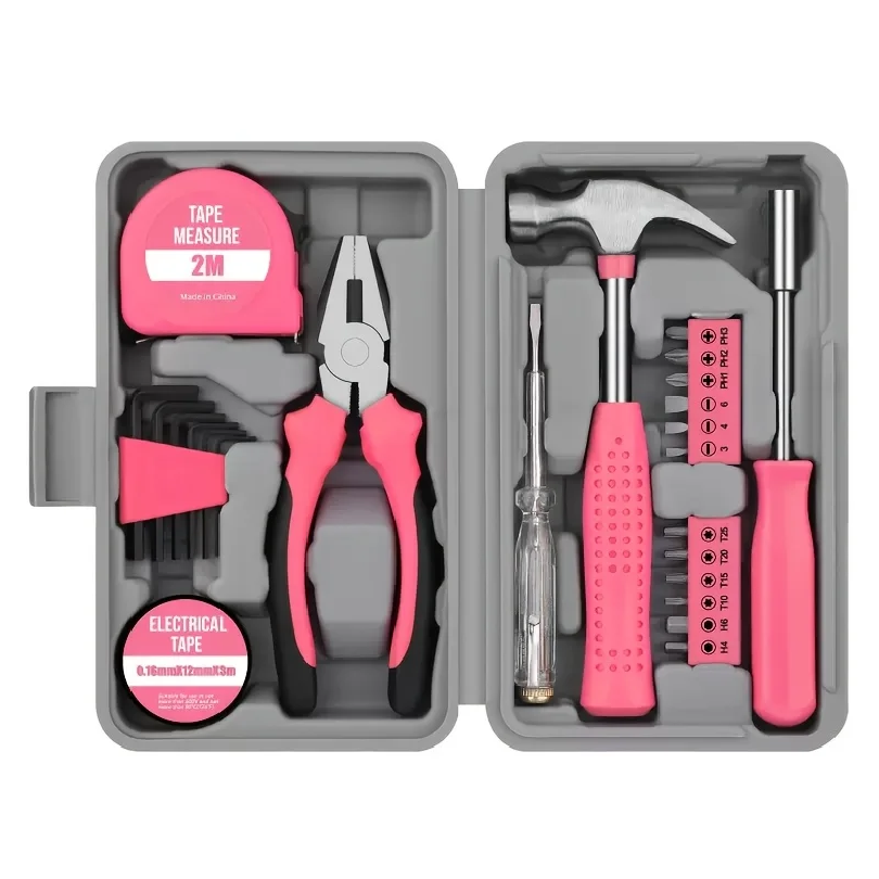 Power Tools Pink - ชุดเครื่องมือสีชมพู 23+1 ชิ้น, เครื่องมือโลหะในกล่องเครื่องมือแบบคลาสสิก, ชุดซ่อมแซมบ้าน, ชุดเครื่องมือสำหรับผู้หญิงที่ทนทาน